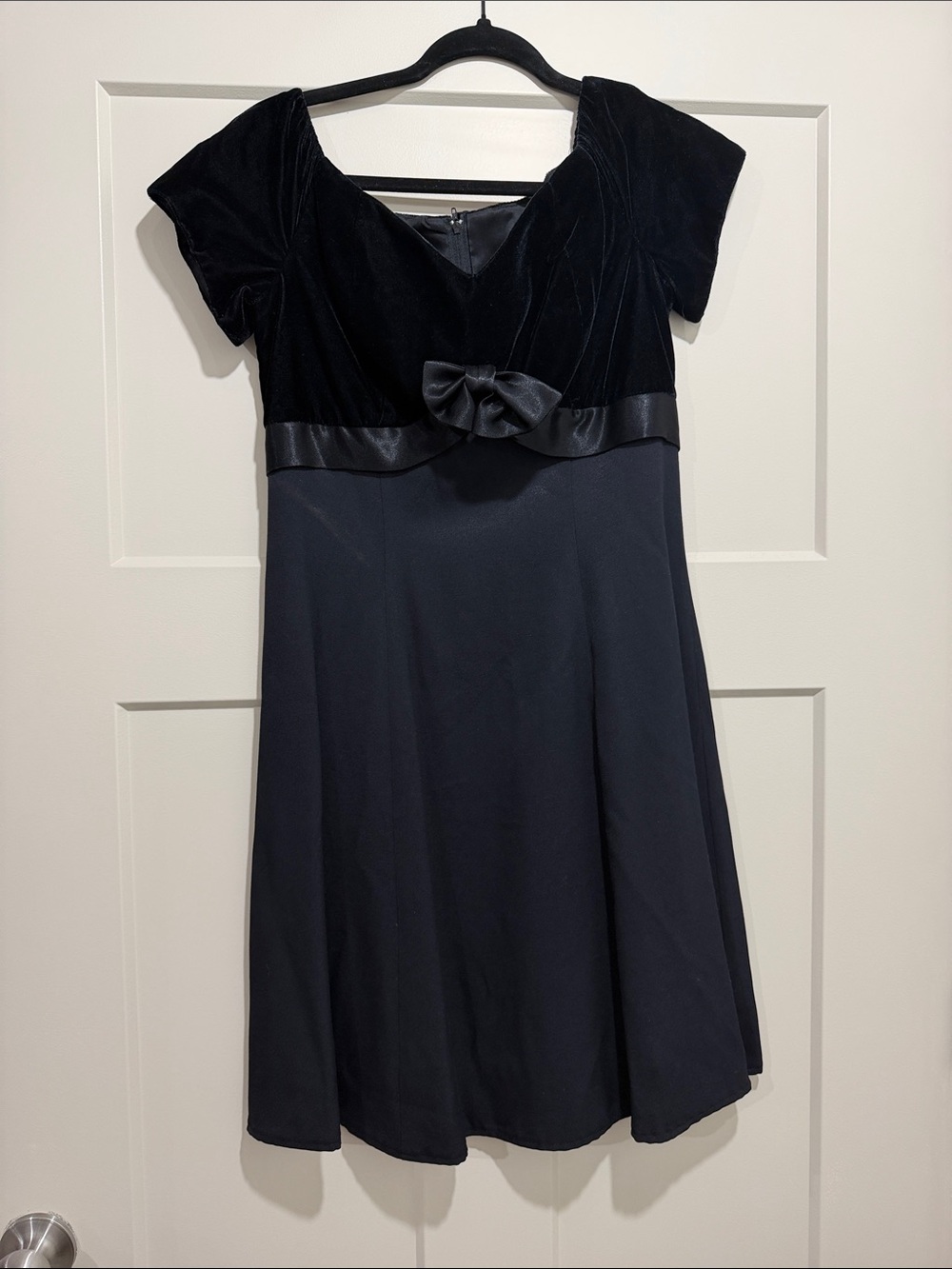 Women's Black Velvet-Trim A-Line Mini Dress with Bow